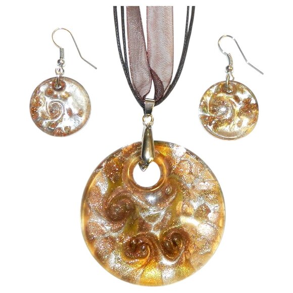 Brown Lampworked Pendant with Silver & Bronze Sparkles Necklace & Earrings FN253 - Picture 1 of 2